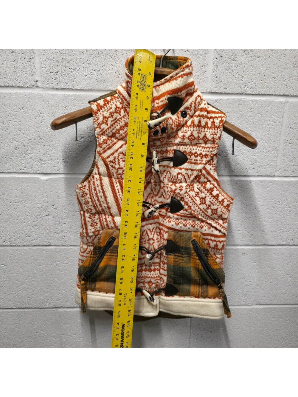 Da Nang Women's Sweater Hooded Vest Orange Plaid Wool Blend Vest XS 16x24 - Picture 3 of 9